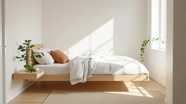Small bedroom ideas in a warm-minimalist tiny bedroom with layered bedding, a large mirror, and light oak furniture
