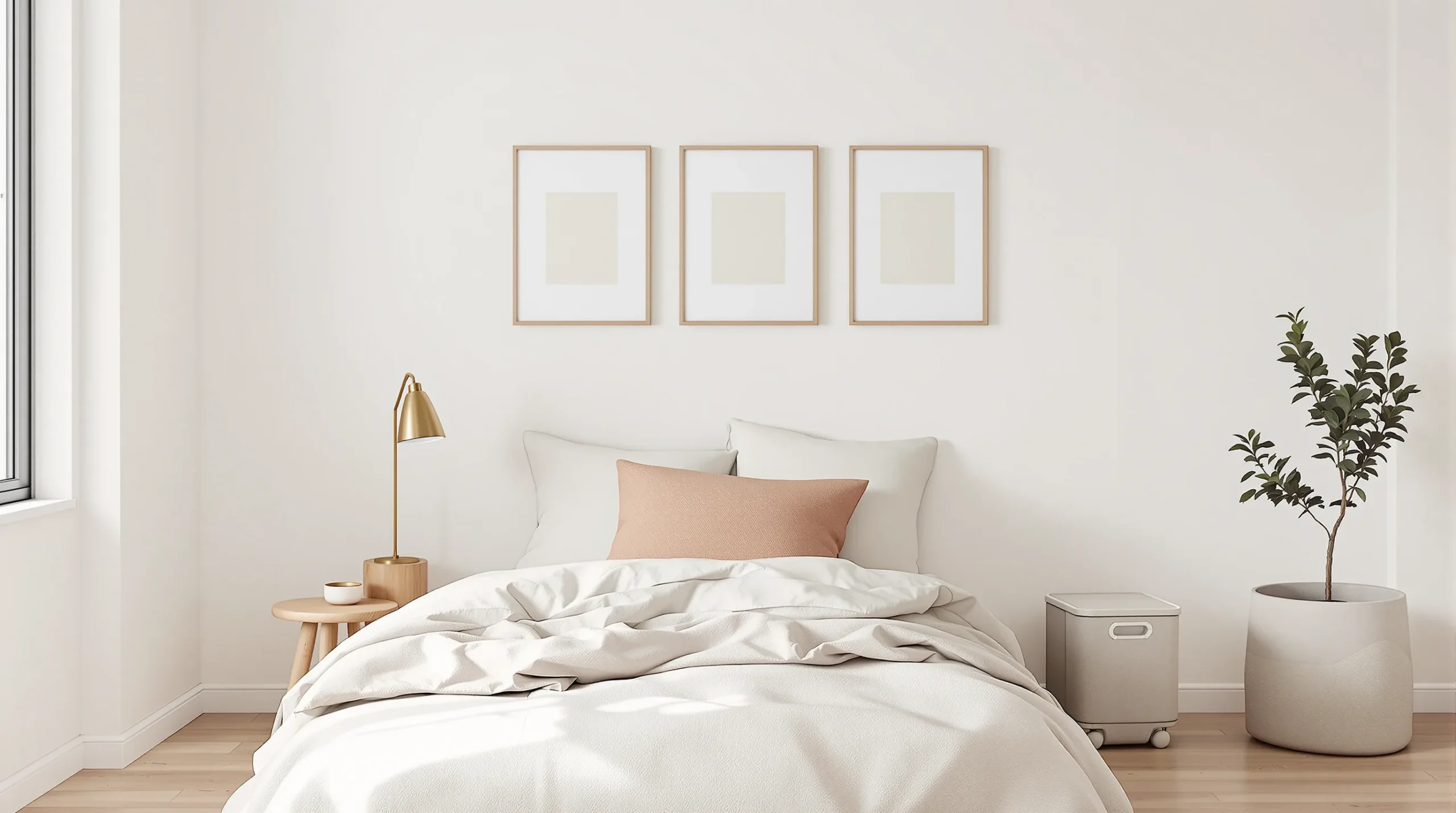 A small college apartment bedroom with layered oat bedding, three framed prints hung with Command strips over the headboard, and under-bed storage bins.