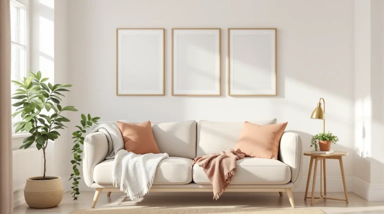College apartment decor in a small rental living corner: an oatmeal sofa, a trio of framed prints, a brass lamp, and a jute rug.