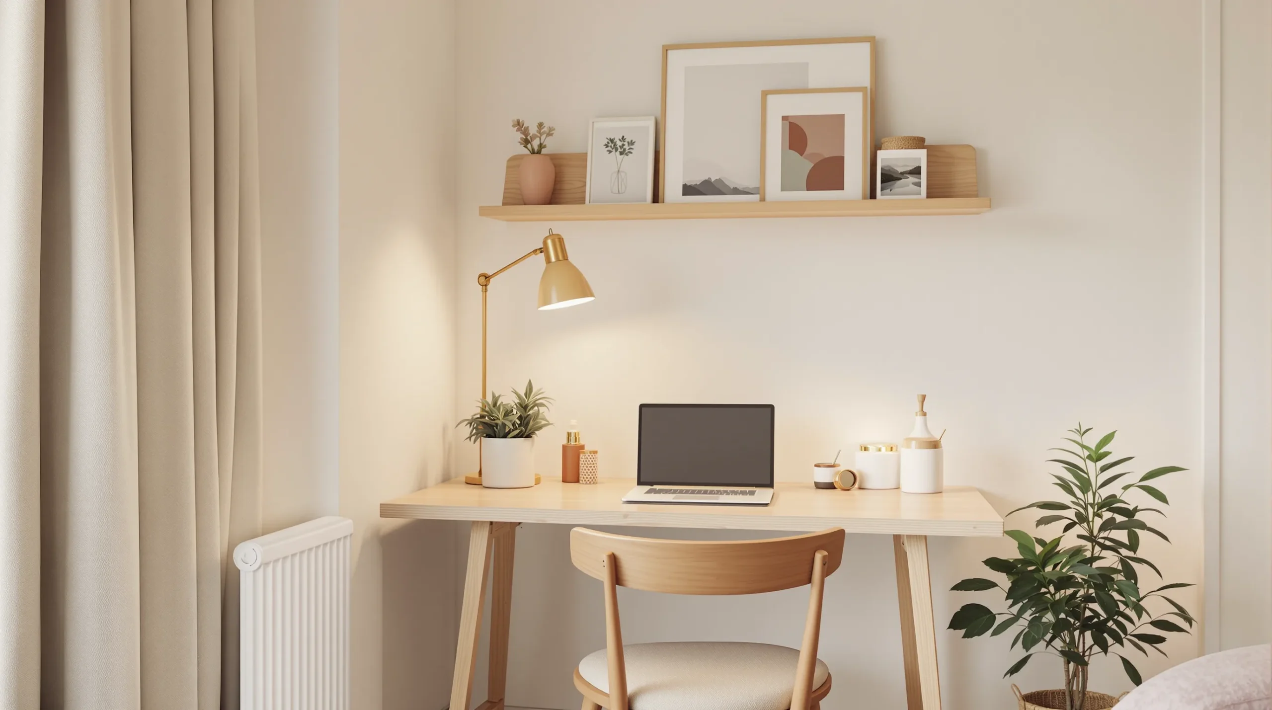 A college apartment study nook with a wall-mounted fold-down desk, a leaning picture ledge of prints, and a warm task lamp.