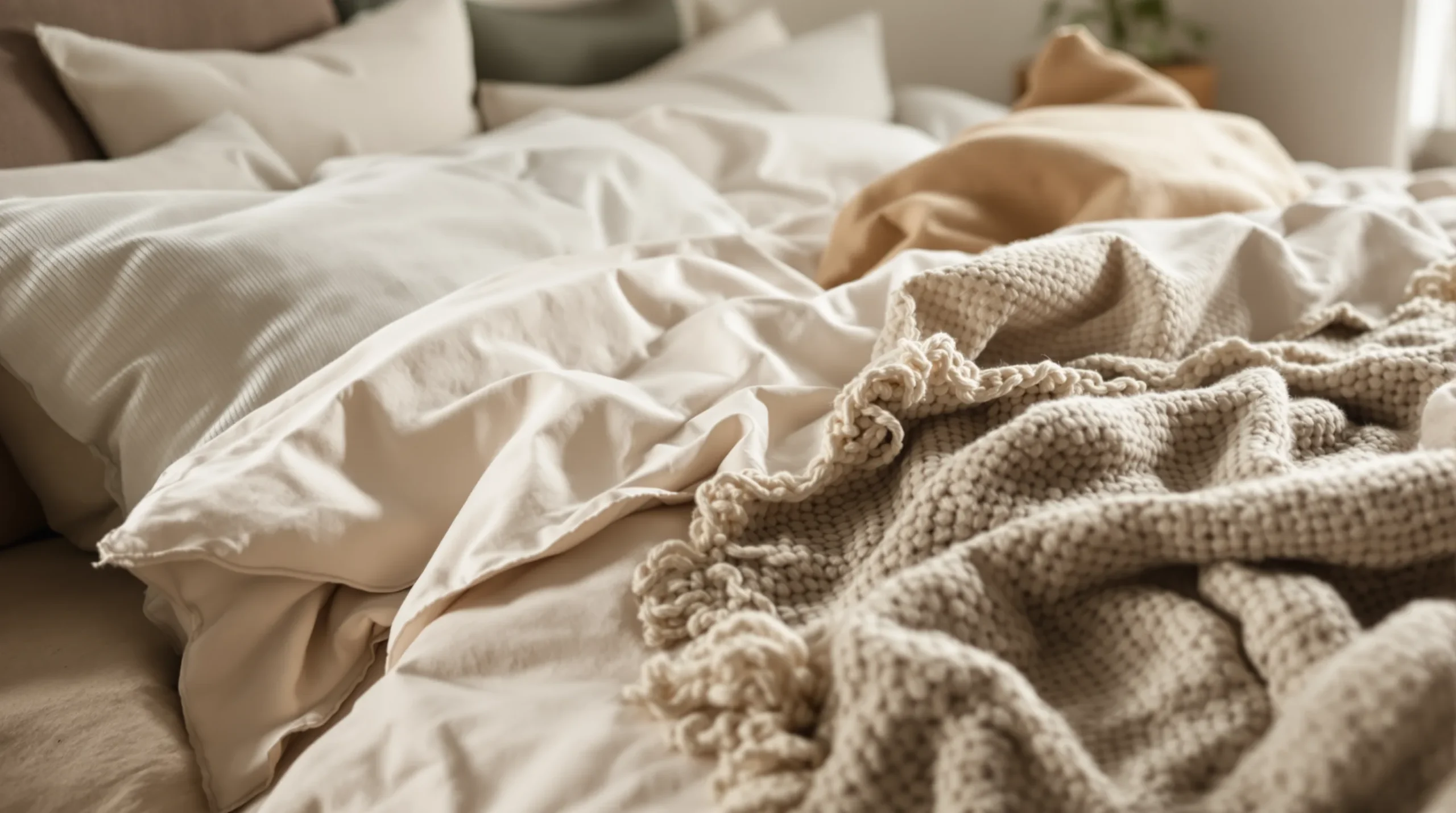 A small bedroom bed layered in linen, a waffle coverlet, and a chunky-knit throw in warm neutral tones.
