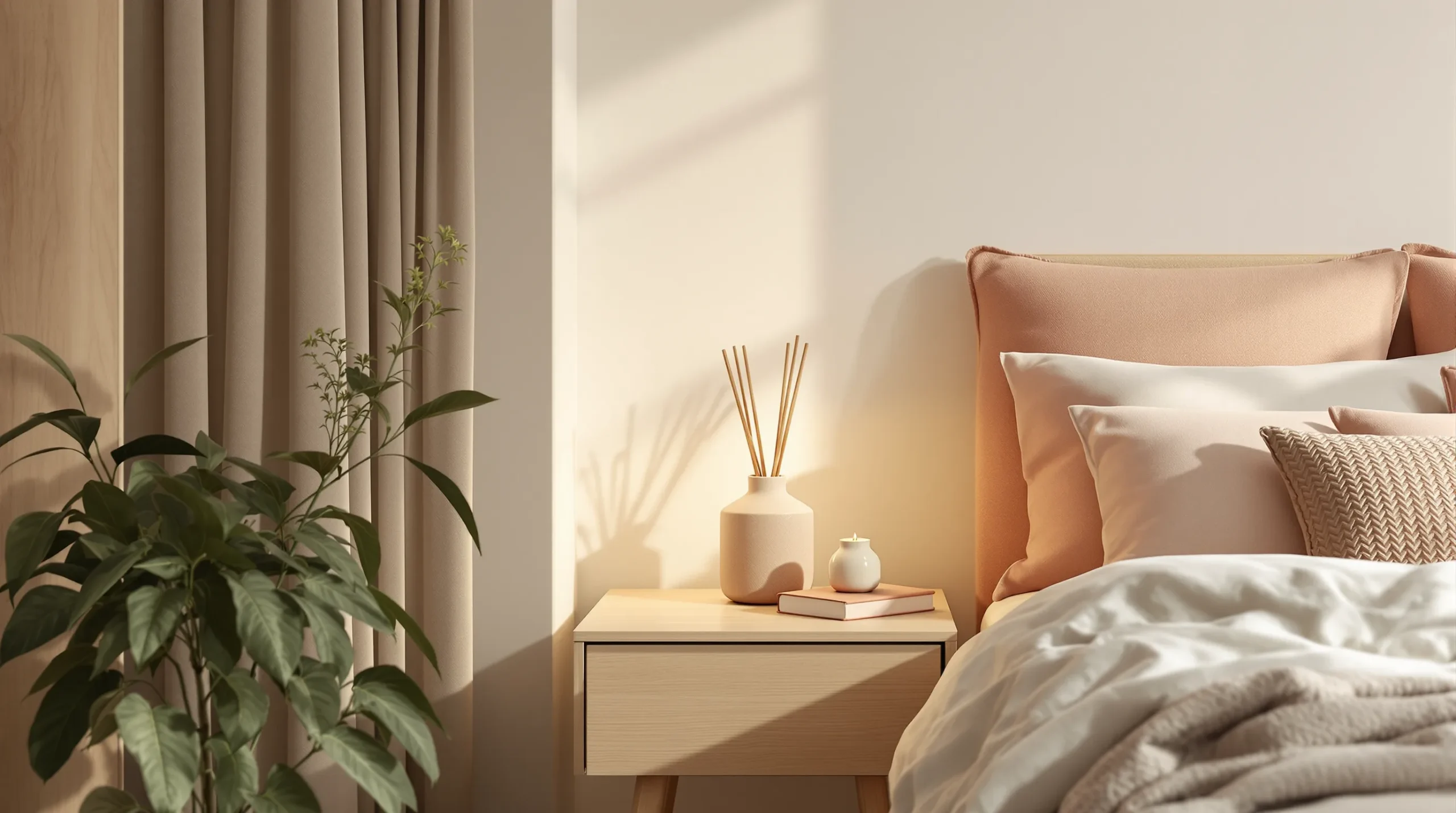 A cozy bedside vignette with a warm lamp, a reed diffuser, and one small plant in a small bedroom.