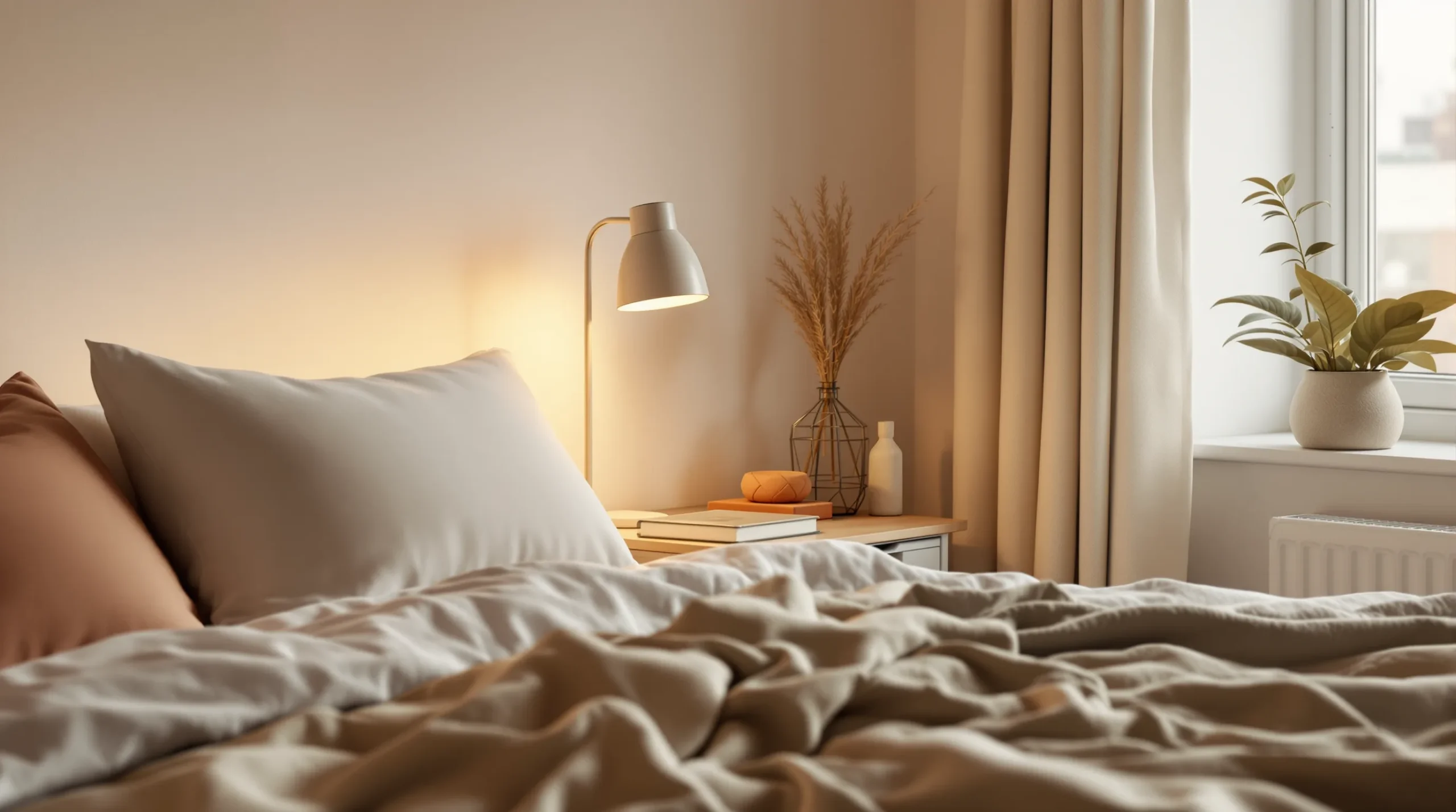 A warm bedside lamp glowing beside a layered bed in a cozy small bedroom at dusk.