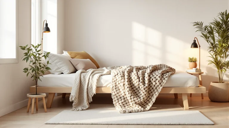 A cozy small bedroom corner with a layered linen bed, a warm bedside lamp, and a soft rug in warm neutrals.