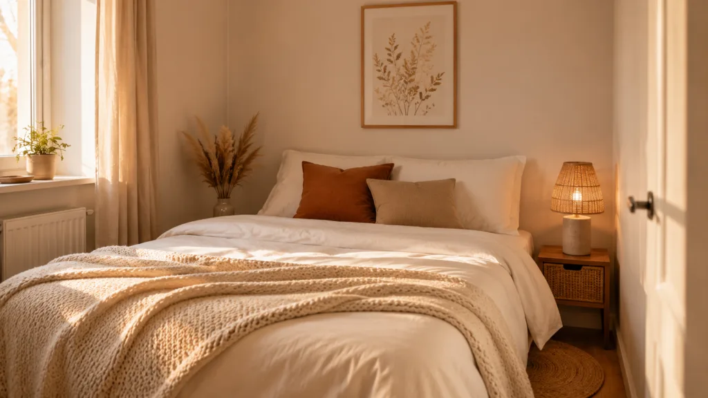 A warm small bedroom with layered bedding, terracotta and beige cushions, and a glowing bedside lamp