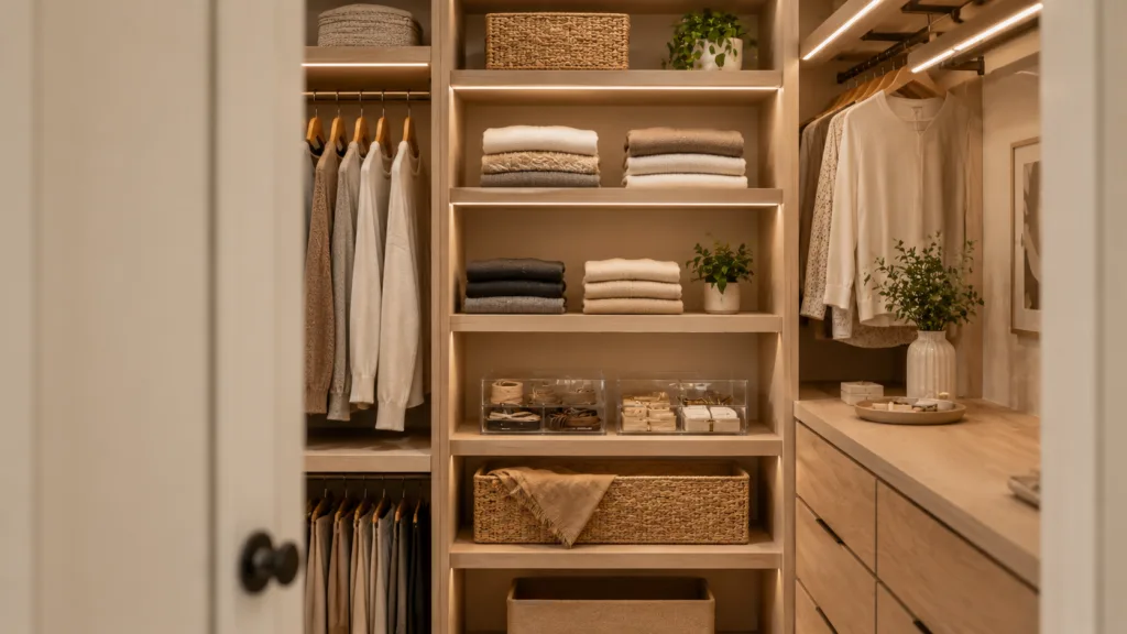 An organized small closet with light-oak shelves, folded clothes, and woven storage baskets