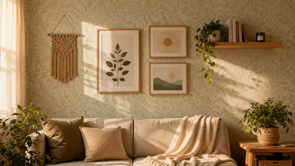 A small living room gallery wall with botanical prints, a macrame hanging, and sage patterned wallpaper above a cream sofa
