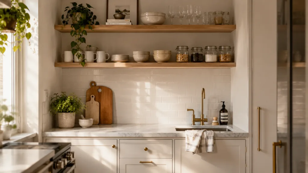 A small kitchen with open oak shelves, cream cabinets, a marble counter, and a brass faucet in soft morning light