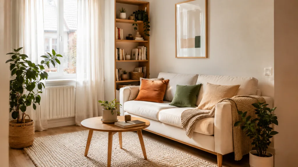 A cozy small living room with a cream sofa, warm cushions, a round oak coffee table, and a tall bookshelf by the window