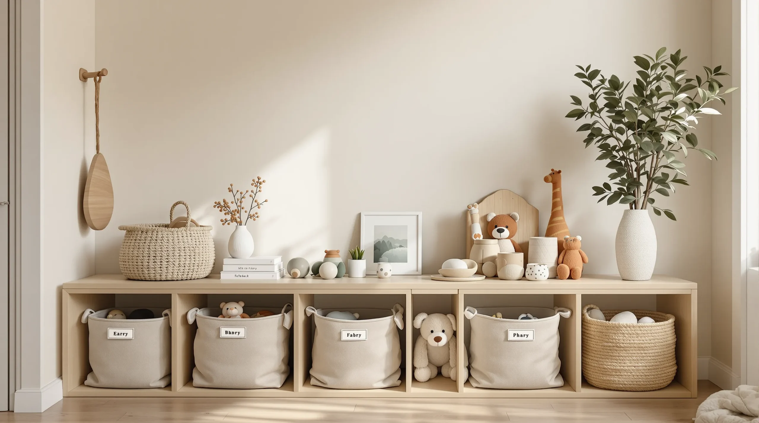 Low, open toy storage bins at a child's height with picture labels in a small kids' bedroom.