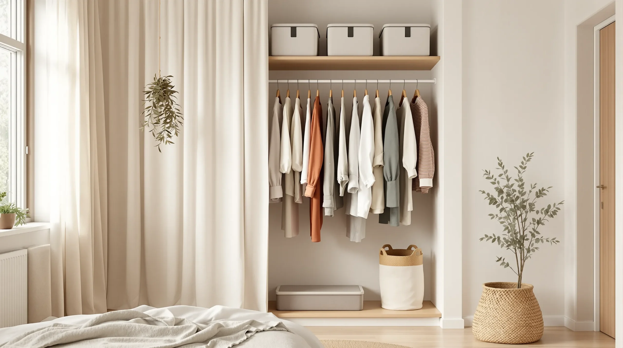 A bedroom alcove turned into an open wardrobe with a tension rod behind a linen curtain, a doubled hanging rail, and matched bins above.