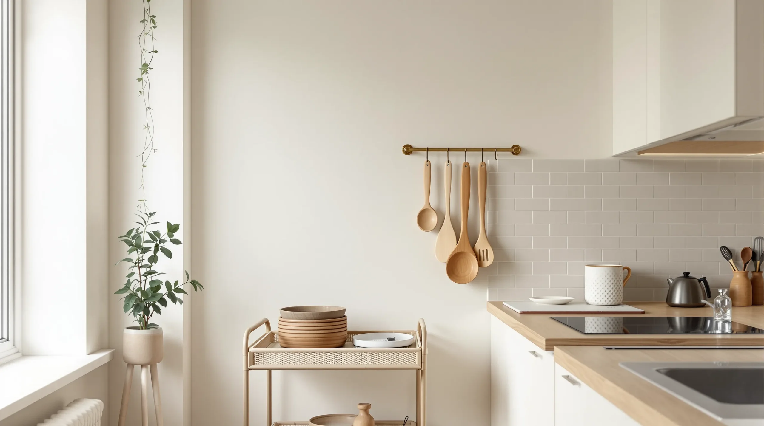 A tiny kitchen wall with peel-and-stick backsplash, a slim rail of utensils, and a rolling cart, no drilling.