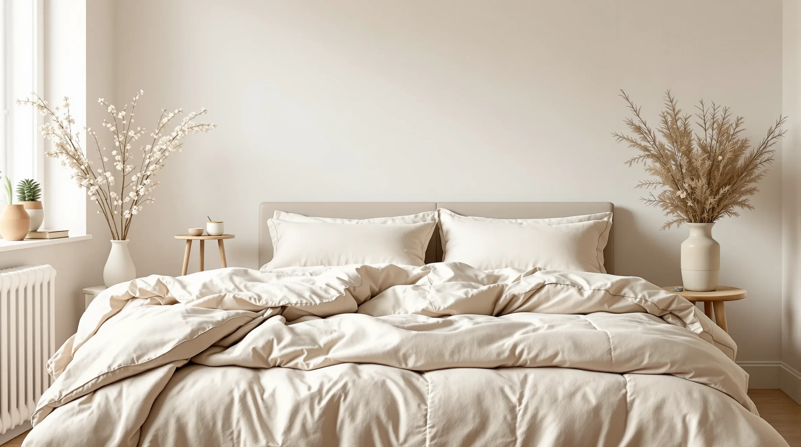 A shared queen bed made with two separate duvets side by side using the Scandinavian sleep method.
