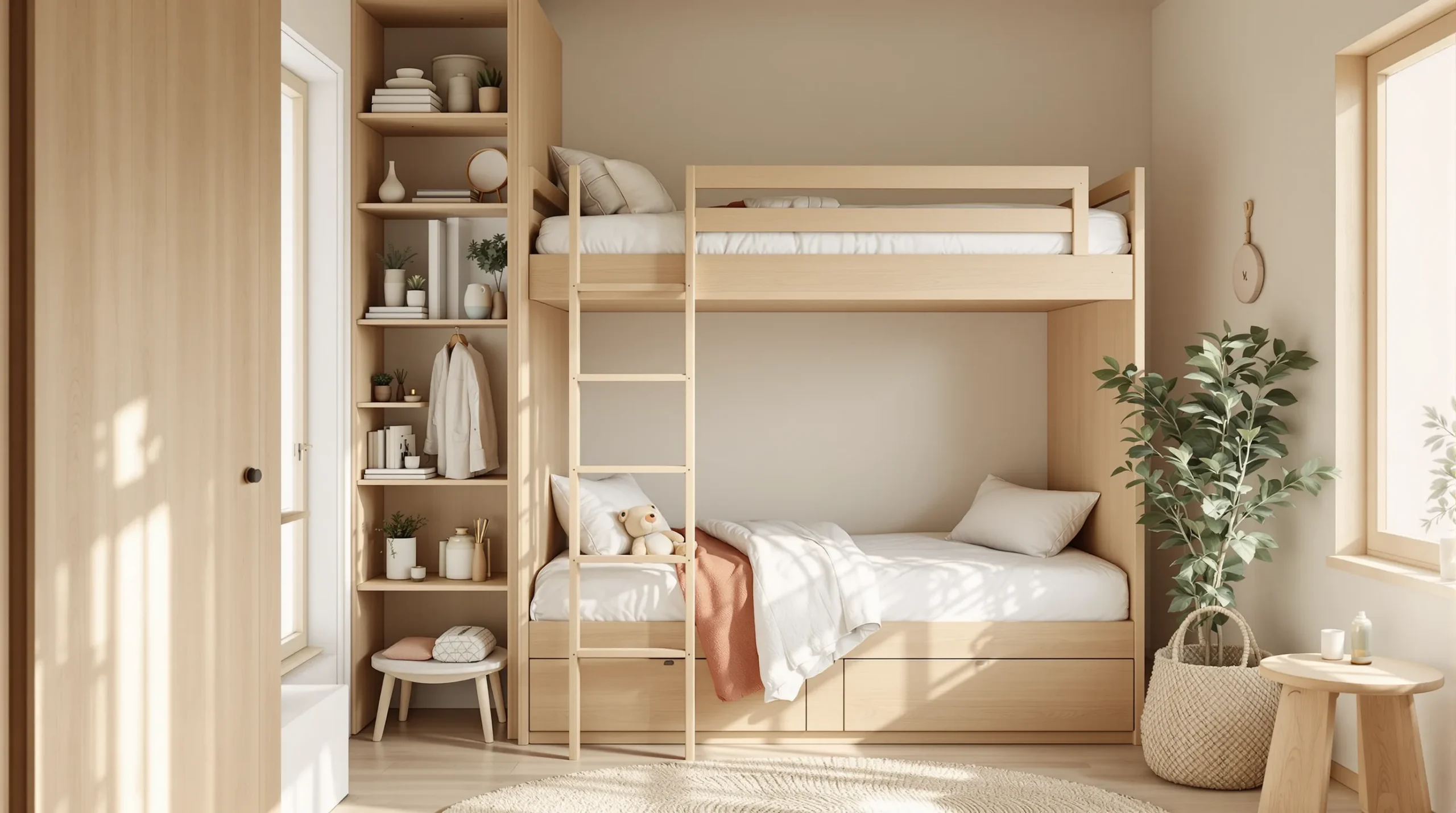 A small shared kids' bedroom with a corner bunk bed and a low bookshelf dividing two personal zones.