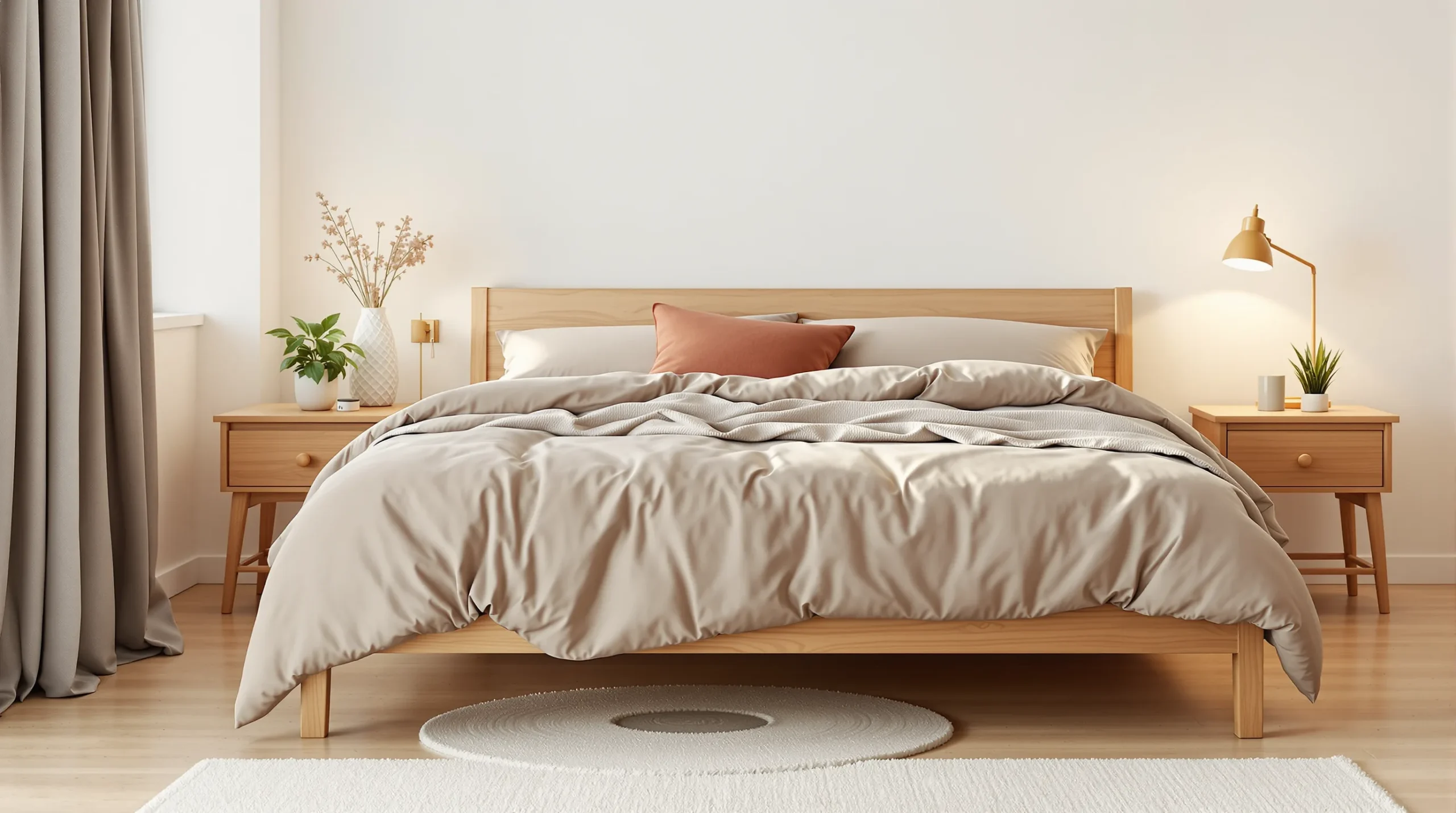 A small shared bedroom with a queen bed centered on the wall, a nightstand and reading light on both sides, and walkable space each side.