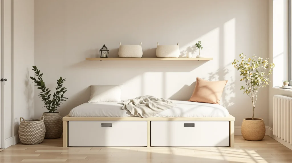 A small warm-minimalist bedroom with matched under-bed bins and floating-shelf baskets — calm small bedroom storage ideas without clutter.