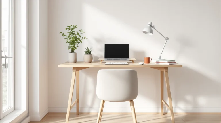 A small apartment desk corner with a light-oak desk, a laptop on a riser, and a clamp-on lamp in warm neutrals.