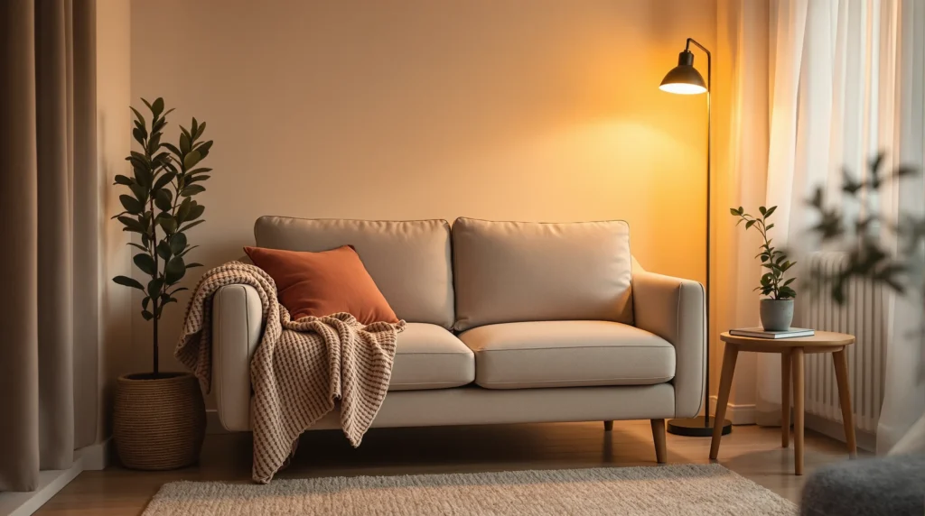 A cozy small living room corner with a compact sofa, knit throw, glowing floor lamp, and soft rug in warm neutrals.