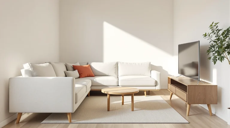 A small living room arranged with a linen sofa, round oak coffee table, and low TV console in warm neutrals.