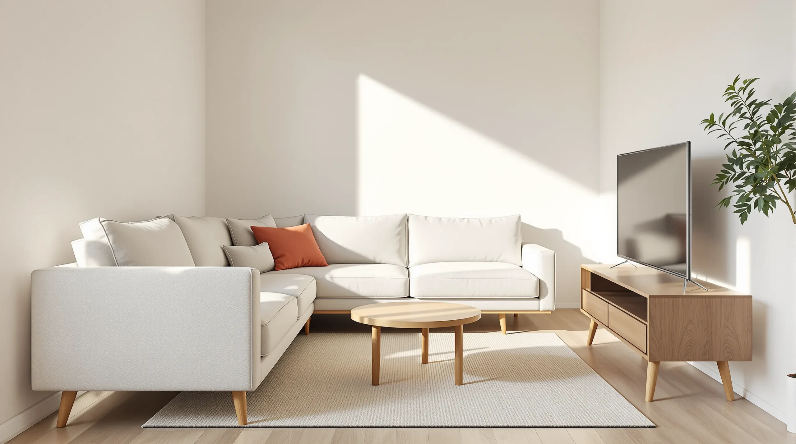 A small living room arranged with a linen sofa, round oak coffee table, and low TV console in warm neutrals.
