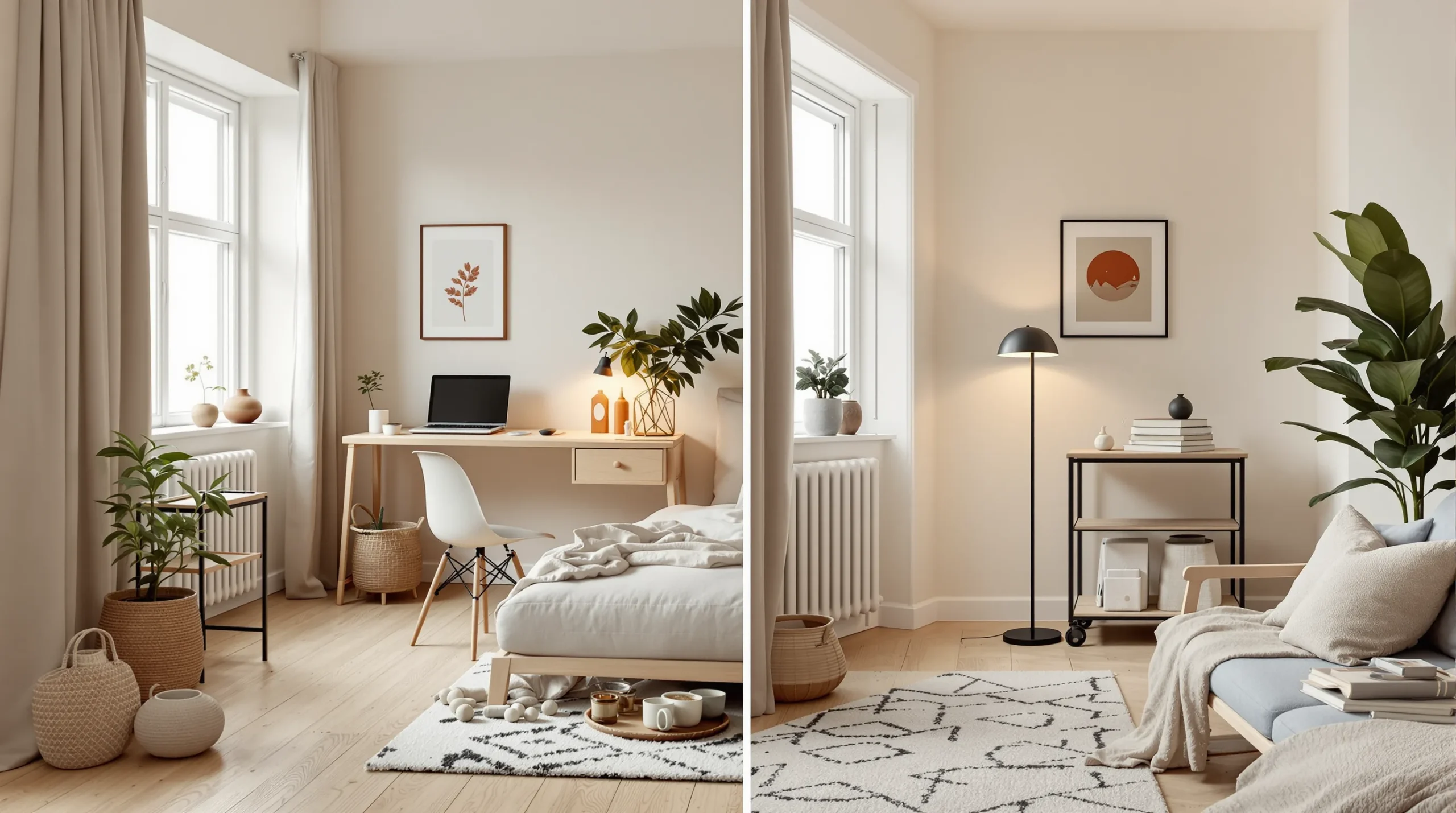 A small studio corner shown mid-work and then shut down for the evening as a calm living space.