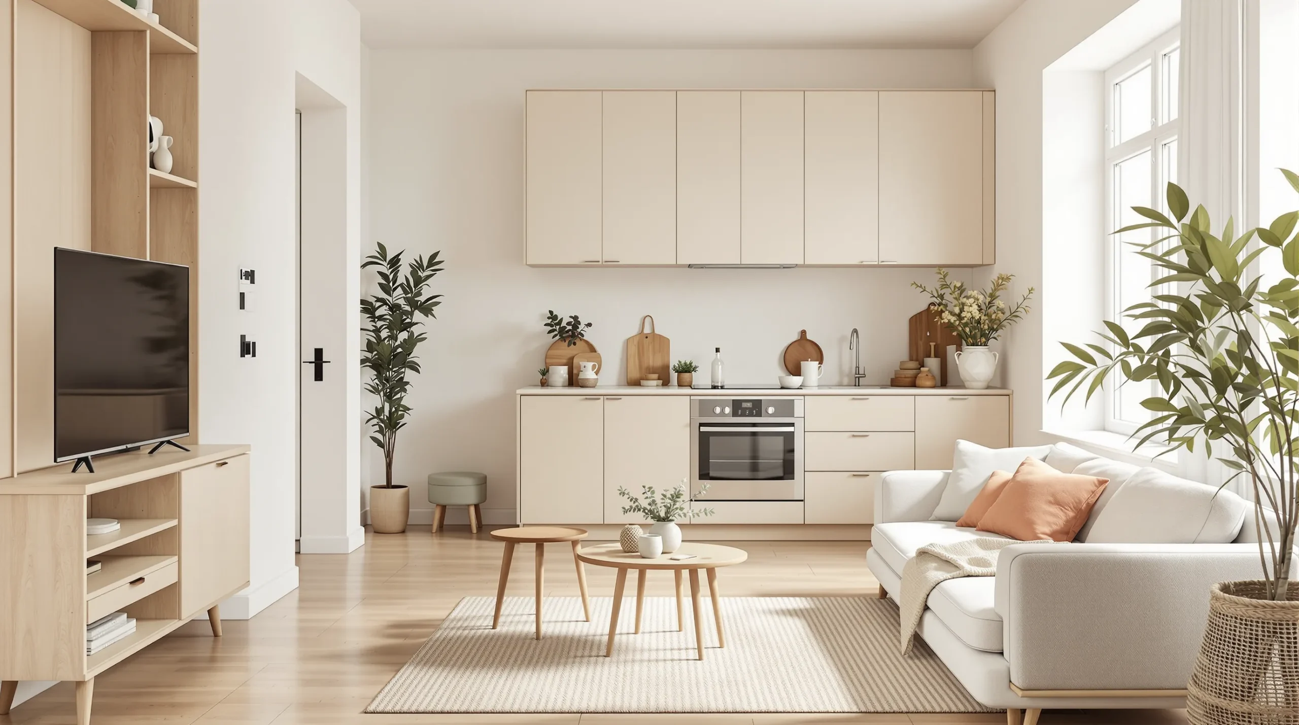 A tiny apartment kitchen open to a living room, zoned with a rug and separate lighting in a warm-minimalist palette.