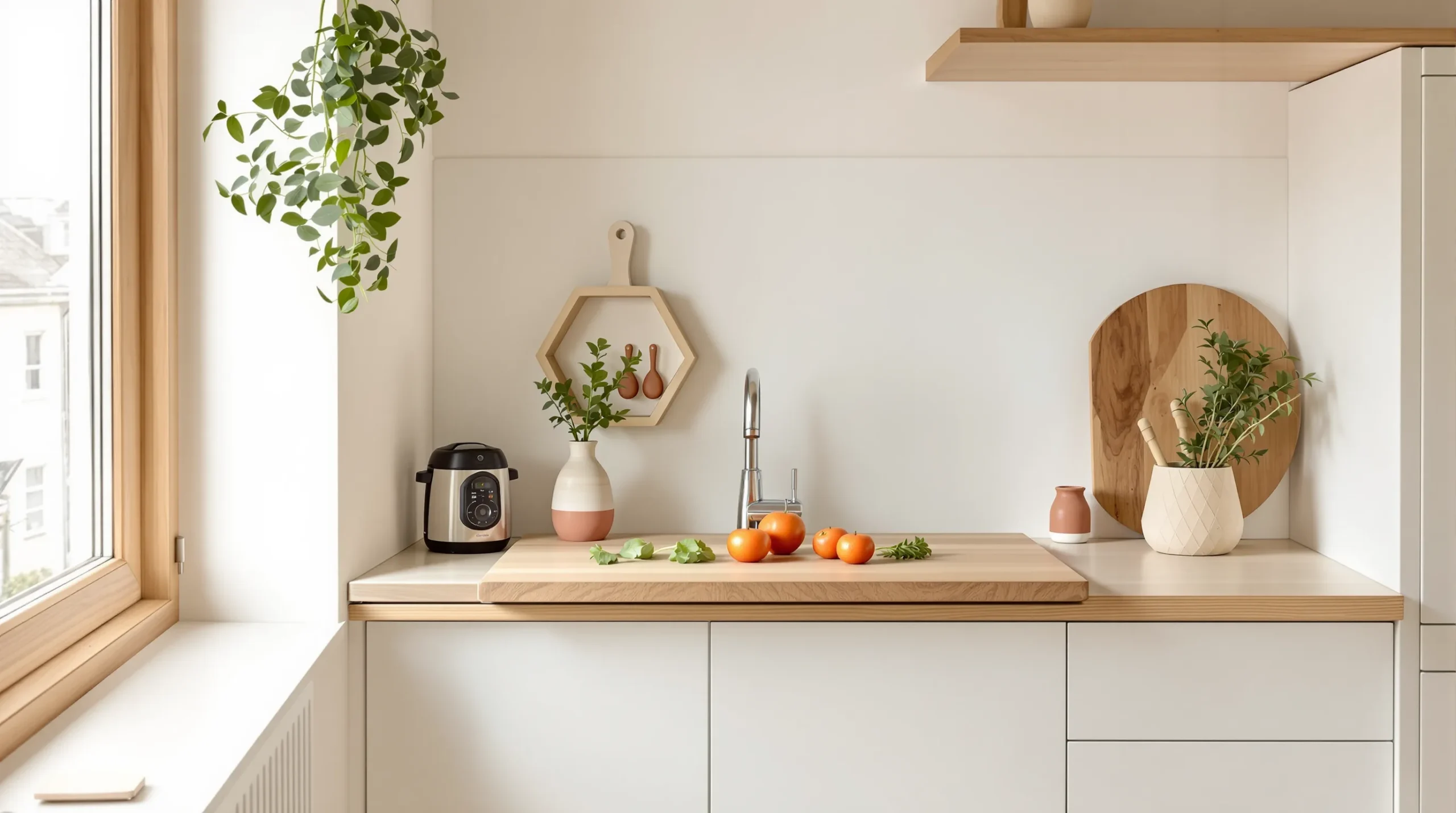 An over-the-sink wooden cutting board used for prep in a small apartment kitchen.