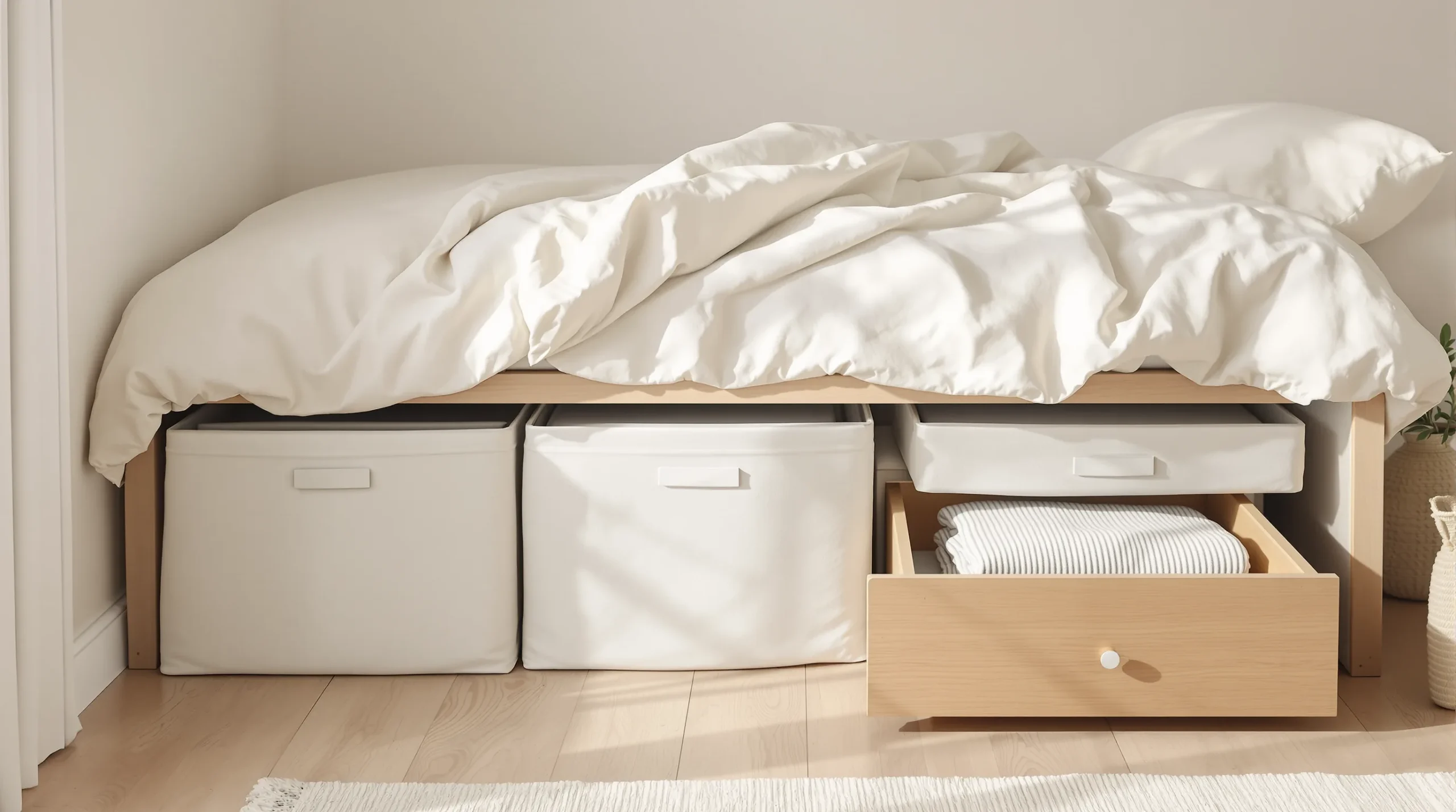 Three matching white bins and a shallow drawer pulled out from under a low platform bed with a lifted linen skirt.